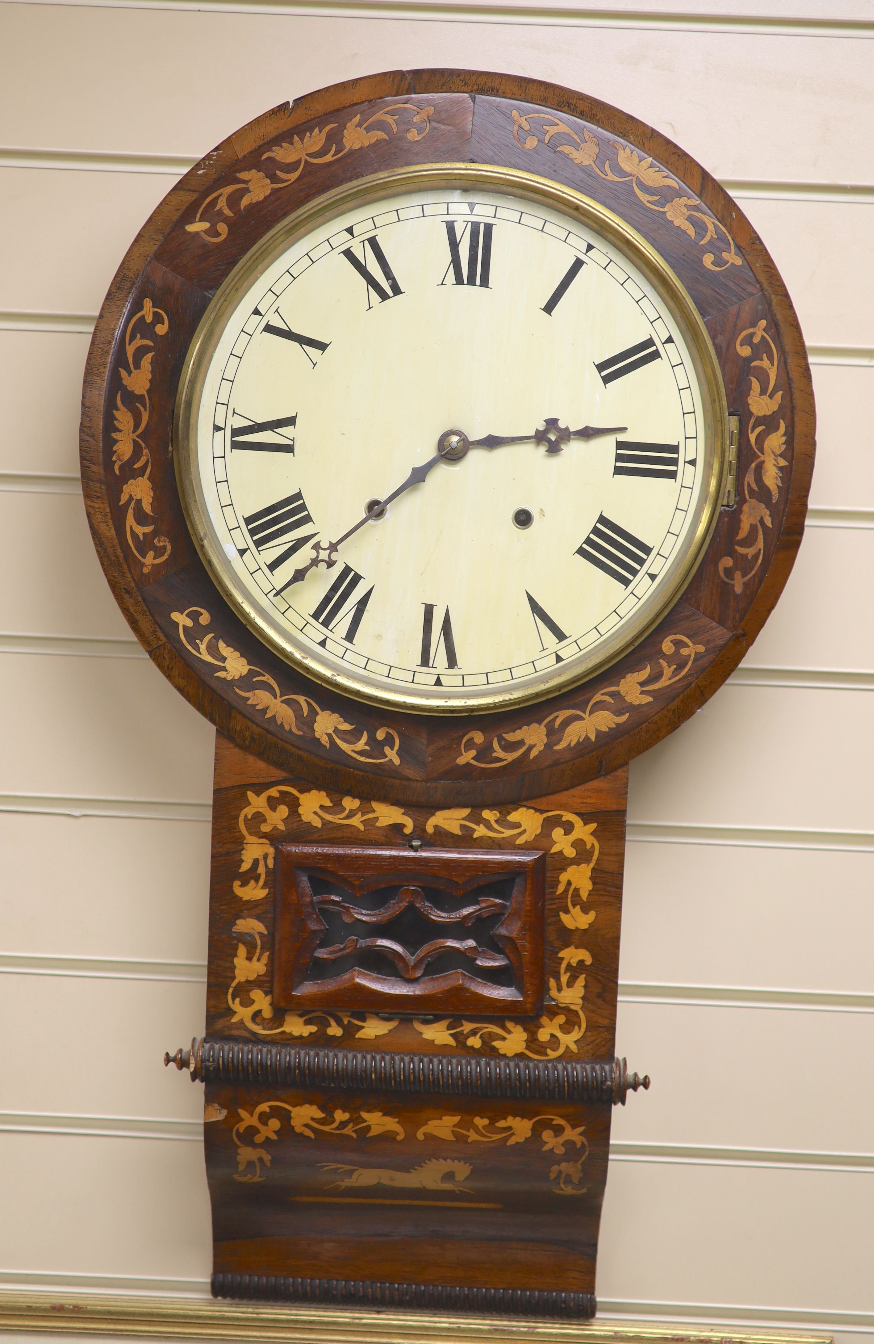 A Victorian inlaid rosewood wall clock